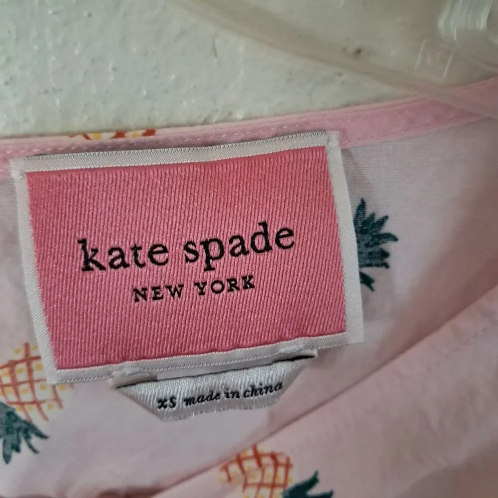 Kate Spade “Blaire” Pineapple Print Pink Cotton Poplin Dress Size XS Pockets